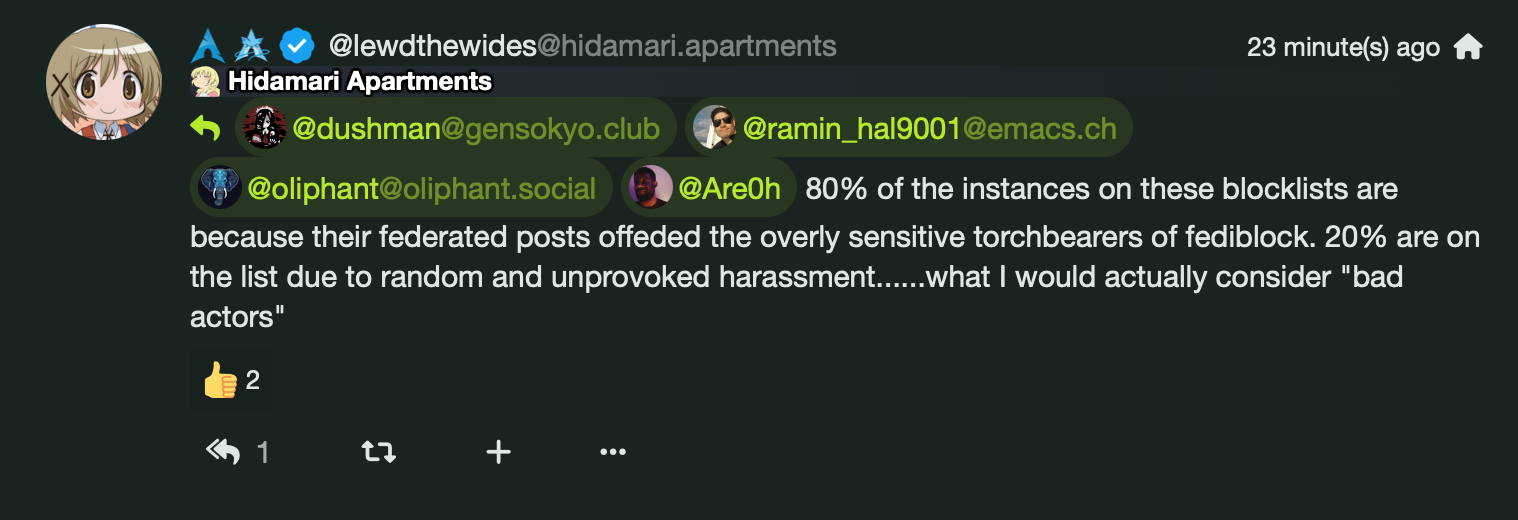 Admin tooted: "80% of the instances on these blocklists are because their federated posts offeded the overly sensitive torchbearers of fediblock"